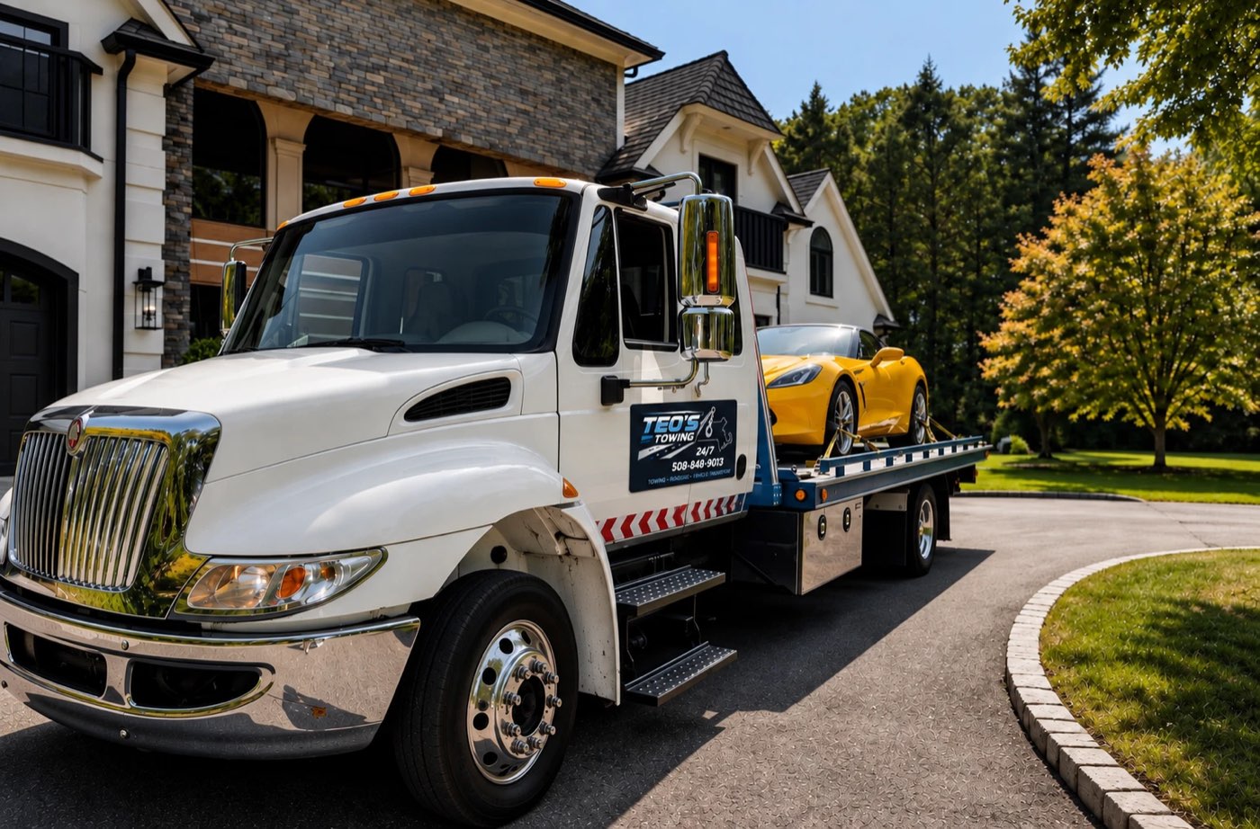 Teo's Towing flatbed truck transporting a vehicle